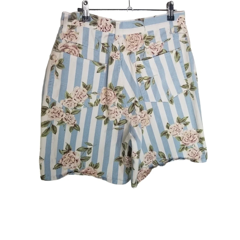 Vtg 80s 90s striped rose print bermuda long denim shorts Cottagecore
